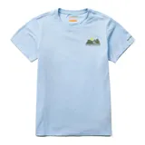 Remera celeste de manga corta con cuello redondo y estampado de montañas y sol en el pecho.