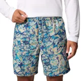 Short de baño para hombre con estampado floral en tonos azules y beige. Confeccionado en tejido de secado rápido, con cintura elástica ajustable y slip interior de malla. Incluye bolsillos laterales y un bolsillo trasero con cierre.