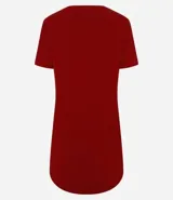 Vestido corto marrón, estilo camiseta, con escote redondo, mangas cortas y bolsillos laterales. El bajo es redondeado.