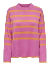 Suéter tejido de punto con cuello redondo y mangas largas, con diseño a rayas horizontales en color rosa y naranja.