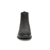 Botín Chelsea de cuero nobuk negro, con elásticos laterales, suela de goma con costuras y tirador trasero.