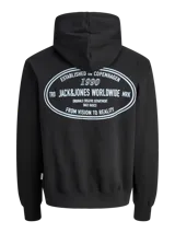 Buzo con capucha y manga larga, fit holgado, color negro. Confeccionado en tejido de punto circular loopback 100% algodón con interior cepillado. Presenta un estampado ovalado en la espalda con texto en blanco que incluye "ESTABLISHED IN COPENHAGEN 1990", "JACK&JONES WORLDWIDE MRK", "ORIGINALS CREATIVE DEPARTMENT DAILY BASICS" y "FROM VISION TO REALITY".