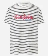 Remera de hombre a rayas horizontales blancas y negras, de corte recto y manga corta. Estampado frontal con el personaje Gruñón de Blancanieves y el texto "Zangado".