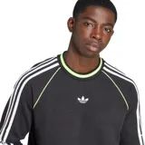Buzo Adidas negro de corte clásico, con cuello redondo en contraste verde flúor y las tres tiras blancas características de la marca en las mangas.