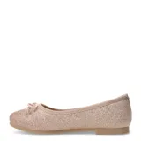 Zapato tipo ballerina color dorado con glitter y moño decorativo.