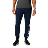 Pantalón de jogging gris con puños ajustados, cintura con cordón y logo de Columbia estampado en el muslo.