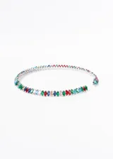 Gargantilla rígida plateada con hilera de zirconias de colores engarzadas.