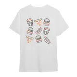 Remera de manga corta blanca con diseño gráfico de pizzas y hamburguesas, confeccionada en 100% algodón premium.