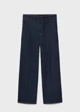 Pantalón de jean azul oscuro de corte wide leg, tiro alto y doble trabilla.