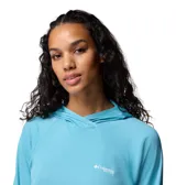 Remera de manga larga celeste con capucha, de tejido transpirable con protección solar UPF 40 y tecnología Omni-Wick de secado rápido. Tiene orificios para los pulgares en los puños y logo de Columbia en el pecho y en la manga.