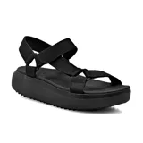Sandalias Skechers BOBS Pop Ups 3.0, de estilo río, color negro, con plataforma y tiras de tela tejida con cierre de velcro.