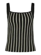 Top tejido sin mangas con cuello redondo y rayas verticales blancas sobre fondo negro.