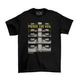 Remera negra de algodón con estampado frontal de la banda Pierce The Veil, con imagen de ojos y texto "Pass The Nirvana".