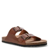 Sandalias de cuero marrón con hebillas ajustables y plantilla anatómica de corcho.