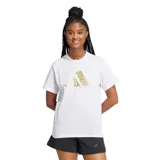 Remera Adidas blanca de corte clásico, con cuello redondo y logo de la marca estampado en dorado metalizado en el frente.