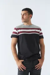 Remera de hombre a rayas horizontales en gris, borgoña, blanco y negro, con logo bordado en el pecho.