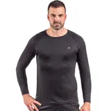 Remera deportiva negra de manga larga con protección UV50+ y logo blanco en el pecho.