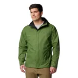 Campera impermeable Columbia Watertight II color verde oliva para hombre, con capucha ajustable, cierre frontal con cremallera, bolsillos laterales con cremallera, puños ajustables con velcro y dobladillo ajustable con cordón. Se puede guardar en su propio bolsillo. Cuenta con tecnología Omni-Tech™ que la hace impermeable y transpirable.