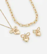 Conjunto de collar de cadena con dije de lazo y corazón, collar de cadena gruesa y aros con dije de lazo y corazón, color dorado.