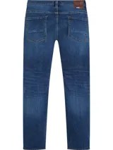 Pantalón de jean azul de corte recto, con efecto desgastado y diseño de cinco bolsillos.