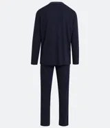Pijama largo de poliviscose azul marino, compuesto por una remera de manga larga con cuello en V y detalle de ribete blanco, y un pantalón largo con cintura elástica.