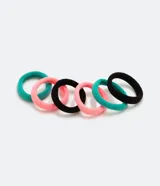Set de seis gomitas de pelo lisas en colores negro, rosa y verde.