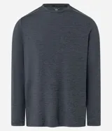 Remera deportiva de manga larga para hombre, color gris azulado jaspeado, con cuello redondo y costuras visibles en hombros y cuello.