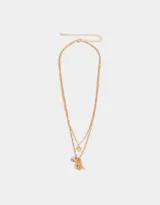 Cadena dorada de doble hilo, con dije de corazón con strass y dijes colgantes de corazón y torre Eiffel.
