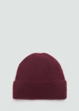 Gorro de lana color borgoña, tejido de punto, sin cierre.