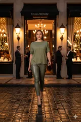 Conjunto verde oliva compuesto por un pantalón ajustado con terminaciones engomadas y una remera de corte clásico.