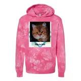 Hoodie tie-dye rosa con estampado de un gato enmarcado en un polaroid.