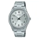 Reloj Casio plateado con correa de acero inoxidable, esfera plateada con números arábigos negros y agujas negras.