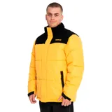 Campera puffer amarilla con cuello alto y parte superior en pana negra. Tiene cierre frontal con velcro, bolsillos laterales con cierre y puños ajustables.