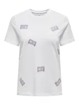 Remera blanca de algodón con cuello redondo y estampado de cassettes y texto "Mix Tape".