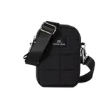 Bandolera mini negra de PU símil cuero, con correa regulable, herrajes plateados y cierre superior. Tiene un compartimento principal y un bolsillo interno con cierre.