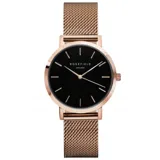 Reloj Rosefield modelo Tribeca TBR-T59 con caja redonda de acero rosado, esfera negra minimalista y correa de malla de acero inoxidable rosado.