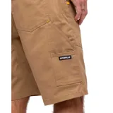 Short cargo color beige con bolsillos laterales y traseros, cierre con cremallera y botón, cintura elástica con cordón. Etiqueta tejida con logo CAT en el bolsillo izquierdo.