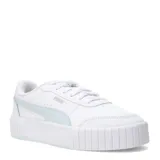 Championes Puma Carina Mía blancos con detalles en celeste, de estilo urbano con silueta de caña baja, capellada de cuero sintético, plantilla SoftFoam+ y suela de goma texturizada.