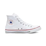 Championes Converse Chuck Taylor All Star de caña alta, color blanco, con detalles en rojo y azul en la suela.