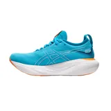 Championes de running Asics Gel-Nimbus 25, color blanco con detalles en negro, rojo y celeste.