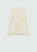 Sweater color hueso de tejido de punto acanalado con cuello perkins y mangas largas acampanadas.