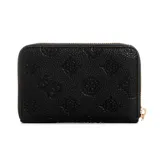 Billetera de mano Guess color negro con logo triangular dorado y diseño texturizado con el logo de la marca.