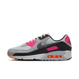 Championes Nike Air Max 90, color gris con detalles en negro, rosa y naranja.