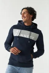 Canguro azul marino con capucha, corte oversized, bolsillo tipo canguro y estampado con la palabra "RECONNECT" en gris.