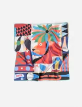 Pañuelo cuadrado de poliéster con estampado abstracto multicolor con figuras de animales y la palabra 'Paris'.