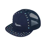 Gorra Supreme modelo B.B Simon de malla color azul marino, con logo bordado en blanco y apliques de strass y tachas plateadas.