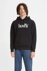 Buzo hoodie negro de Levi's con logo estampado en el pecho y bolsillo tipo canguro.