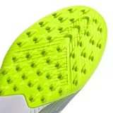 Championes de fútbol 5 Adidas F50 League TF unisex, color violeta con detalles en amarillo y blanco. Diseñados para césped sintético, con capellada Fiberskin, diseño Sprintgrid, lengüeta elástica, entresuela EVA y suela Sprintplate 360.