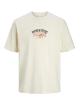 Camiseta color crema de manga corta y cuello redondo, con estampado frontal de rosas y texto "Premium Export".