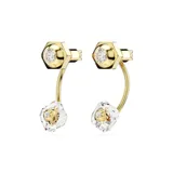 Par de caravanas ear jacket bañadas en tono oro, con circonia redonda en engaste bisel hexagonal y cristal de talla imperial perforado con metal y apilado con circonia.